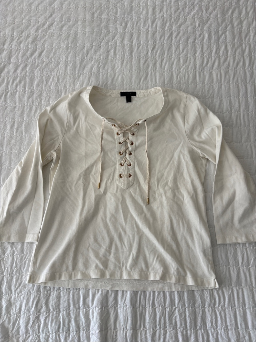 J. Crew Cream Lace-Up Scoop Neck Long Sleeve Top